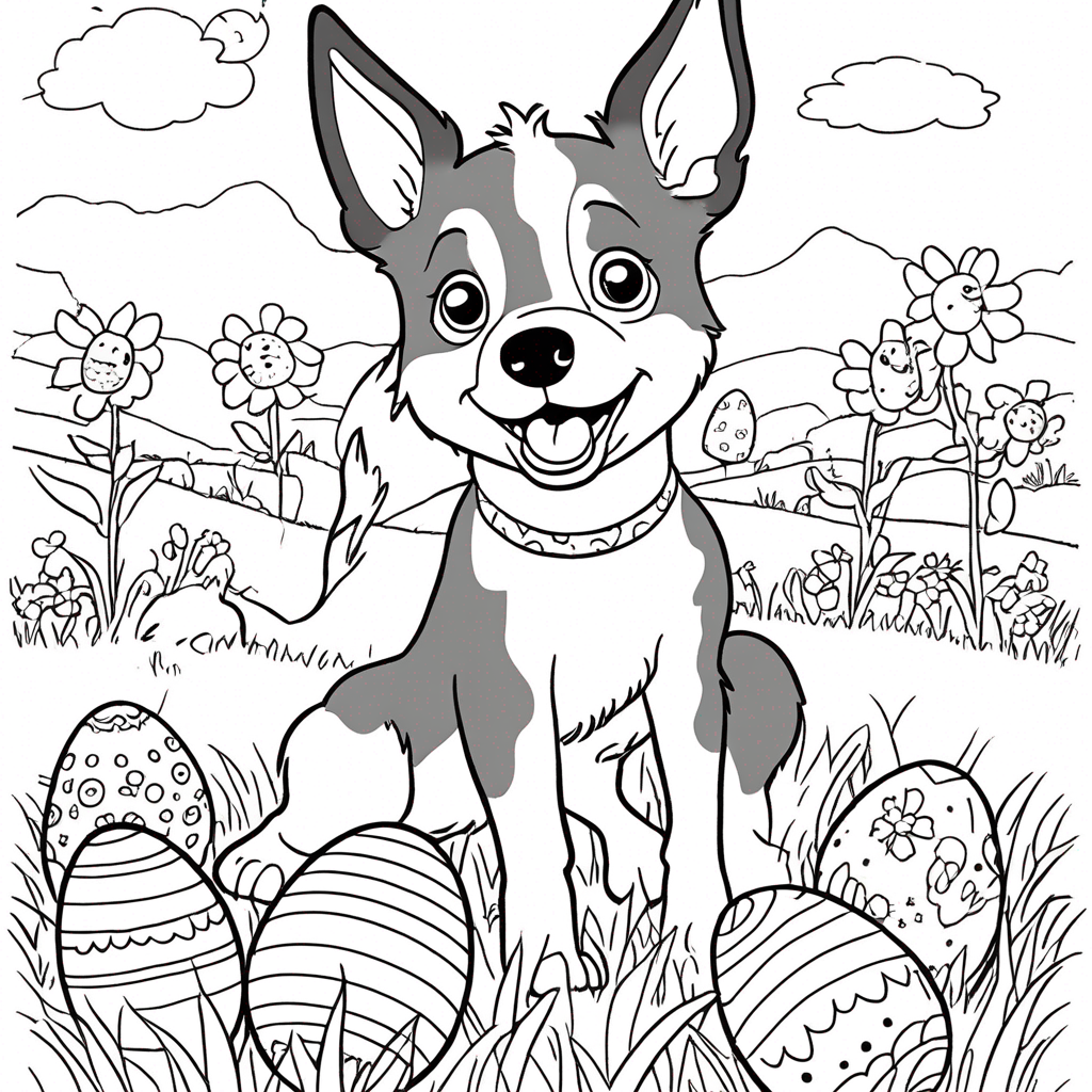 Bluey Hunting Easter Eggs coloring page from bluey theme - free printable line art for kids and adults