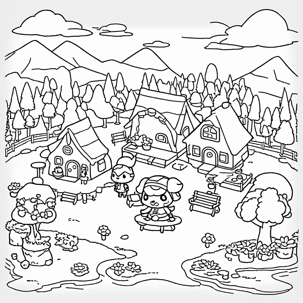 A Highly Detailed Animal Crossing Island coloring page from Animal Crossing theme - free printable line art for kids and adults
