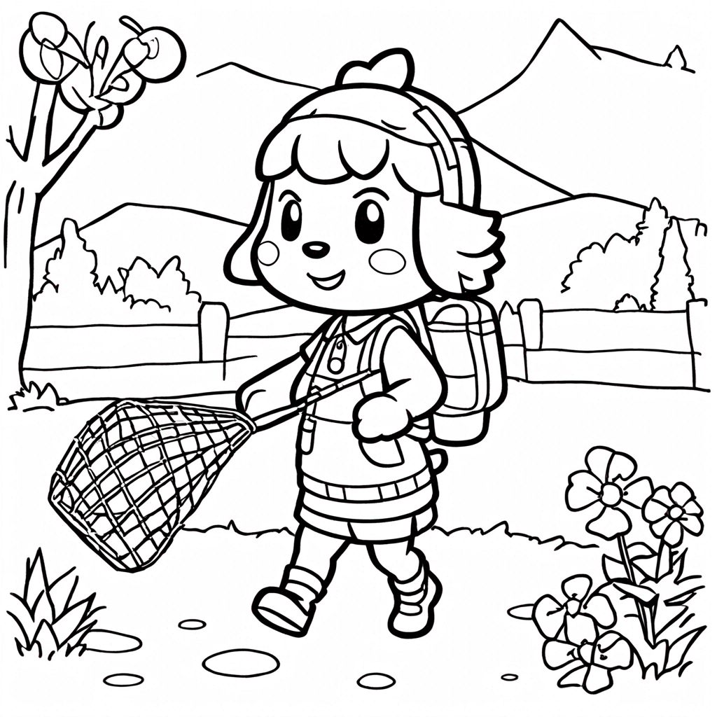 An Animal Crossing Player Catching Bugs With A Net coloring page from Animal Crossing theme - free printable line art for kids and adults