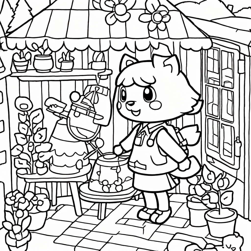 An Animal Crossing Player Decorating Their House coloring page from Animal Crossing theme - free printable line art for kids and adults