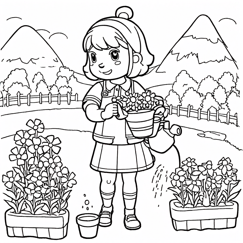 An Animal Crossing Player Watering Flowers coloring page from Animal Crossing theme - free printable line art for kids and adults