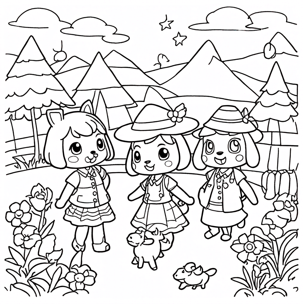 Animal Crossing Characters On A Summer Night coloring page from Animal Crossing theme - free printable line art for kids and adults