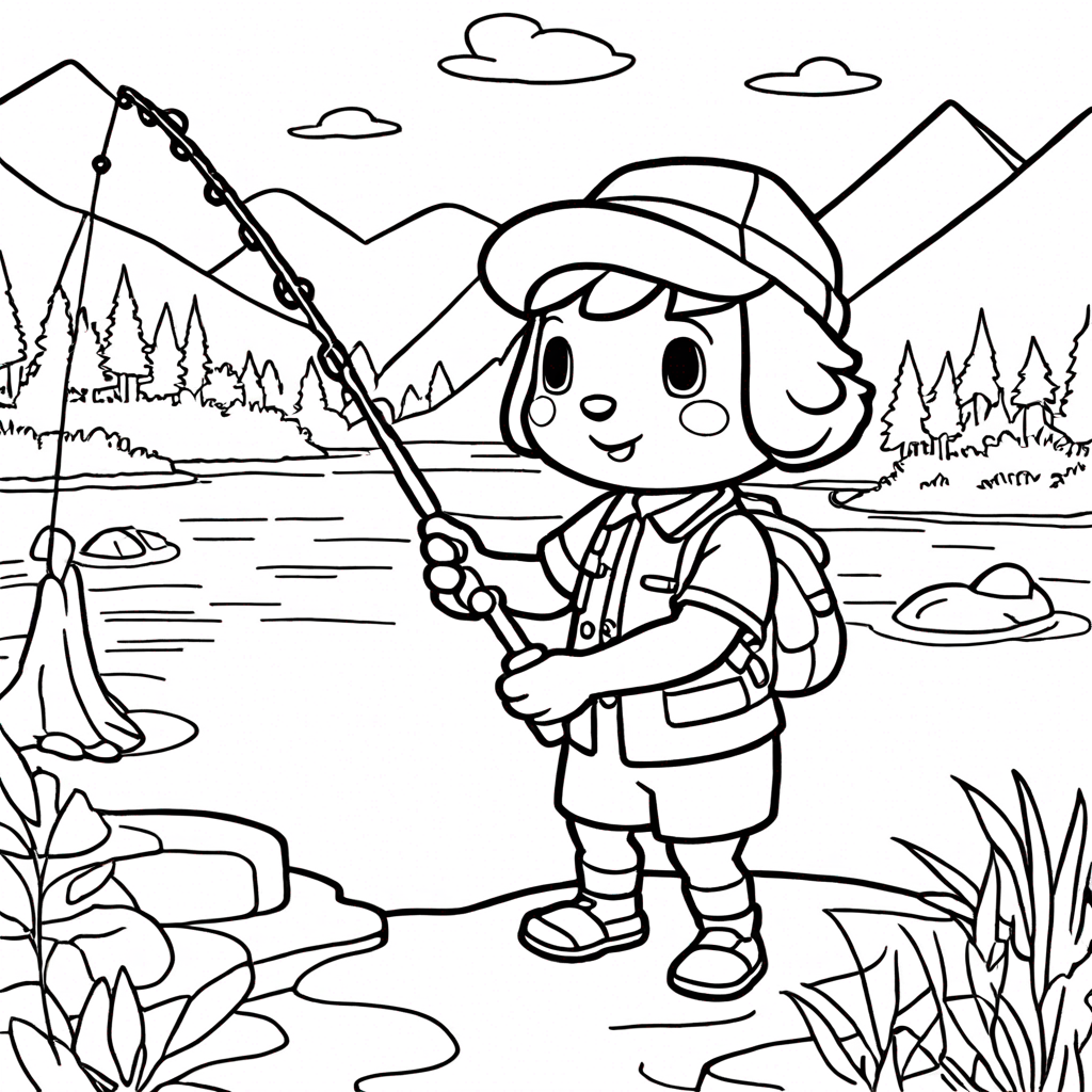 Animal Crossing Player Fishing At The River coloring page from Animal Crossing theme - free printable line art for kids and adults