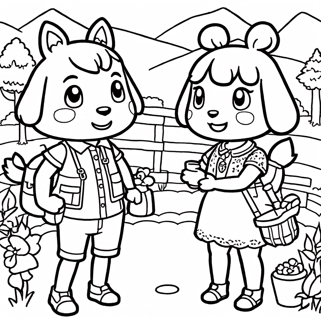Two Animal Crossing Villagers Chatting coloring page from Animal Crossing theme - free printable line art for kids and adults