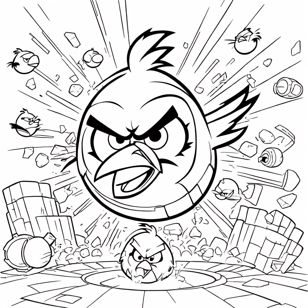 Angry birds bomb explosion coloring page from bird theme - free printable line art for kids and adults