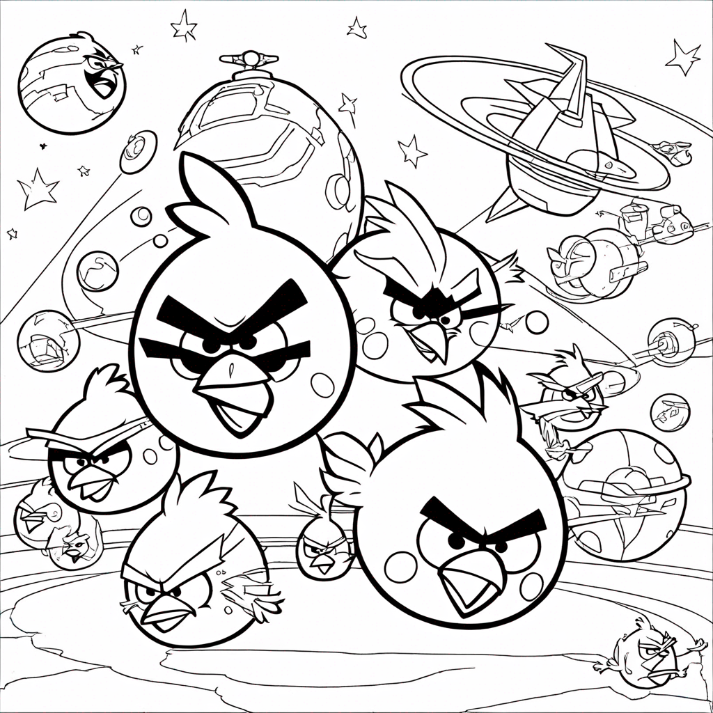 Angry birds space battle coloring page from bird theme - free printable line art for kids and adults