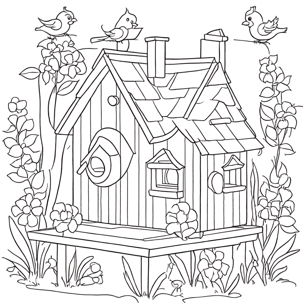 Bird house coloring page from bird theme - free printable line art for kids and adults