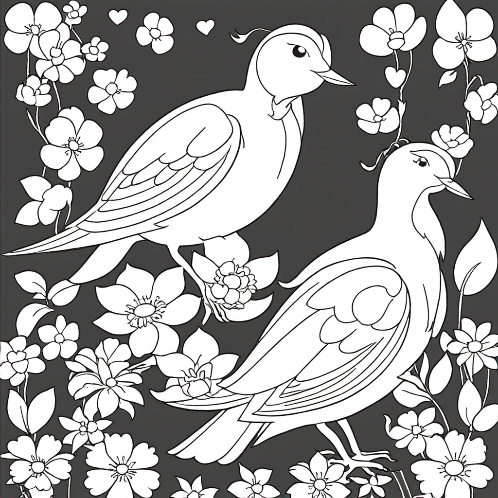 Bird Love Story coloring page from pássaro theme - free printable line art for kids and adults
