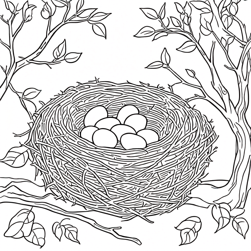 Bird nest coloring page from bird theme - free printable line art for kids and adults