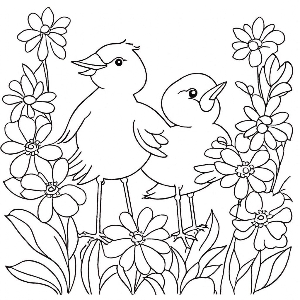 Birds and flowers coloring page from bird theme - free printable line art for kids and adults