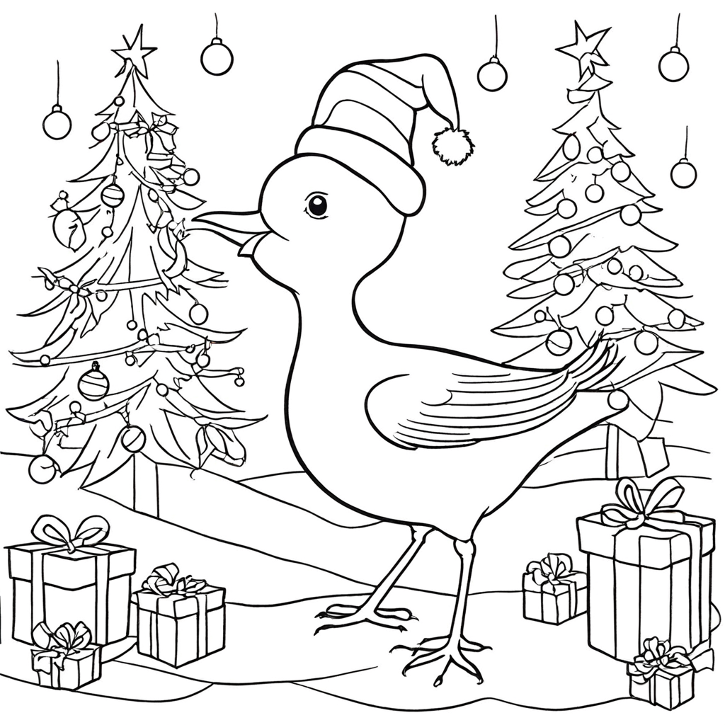 Christmas bird scene coloring page from bird theme - free printable line art for kids and adults