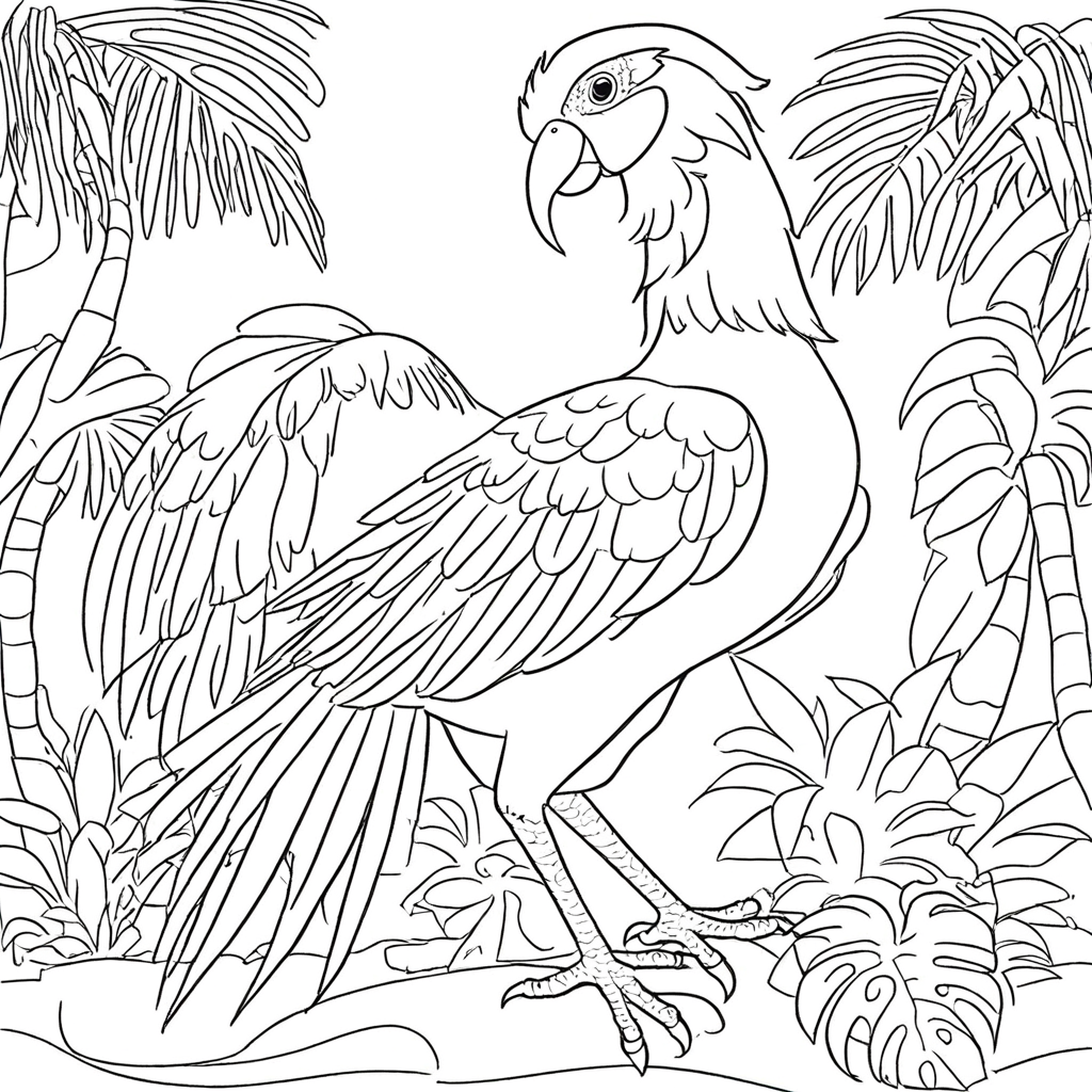 Tropical bird coloring page from bird theme - free printable line art for kids and adults