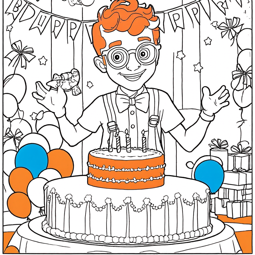 Celebração do Grande Aniversário do Blippi coloring page from "Blippi" theme - free printable line art for kids and adults