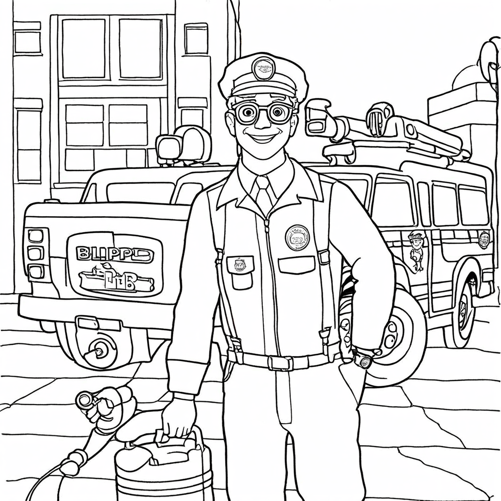Blippi Na Ocupada Estação de Bombeiros coloring page from "Blippi" theme - free printable line art for kids and adults