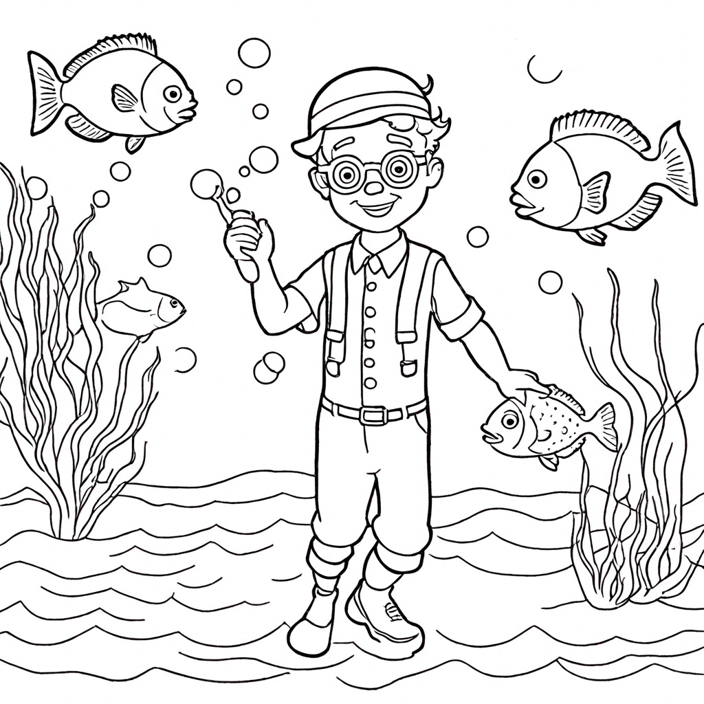 Blippi Explorando Sob o Mar com Peixes coloring page from "Blippi" theme - free printable line art for kids and adults