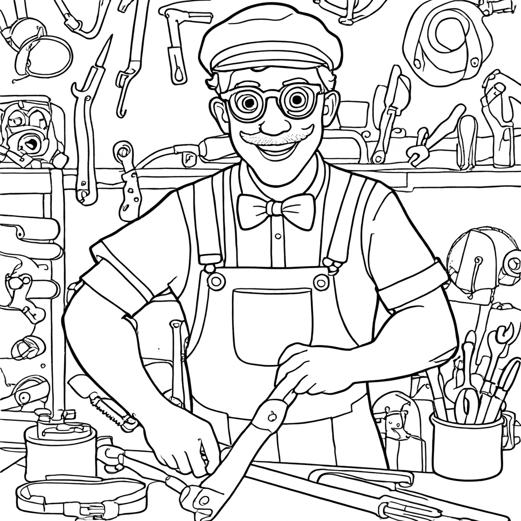 Blippi Em Uma Oficina Cheia De Ferramentas coloring page from "Blippi" theme - free printable line art for kids and adults