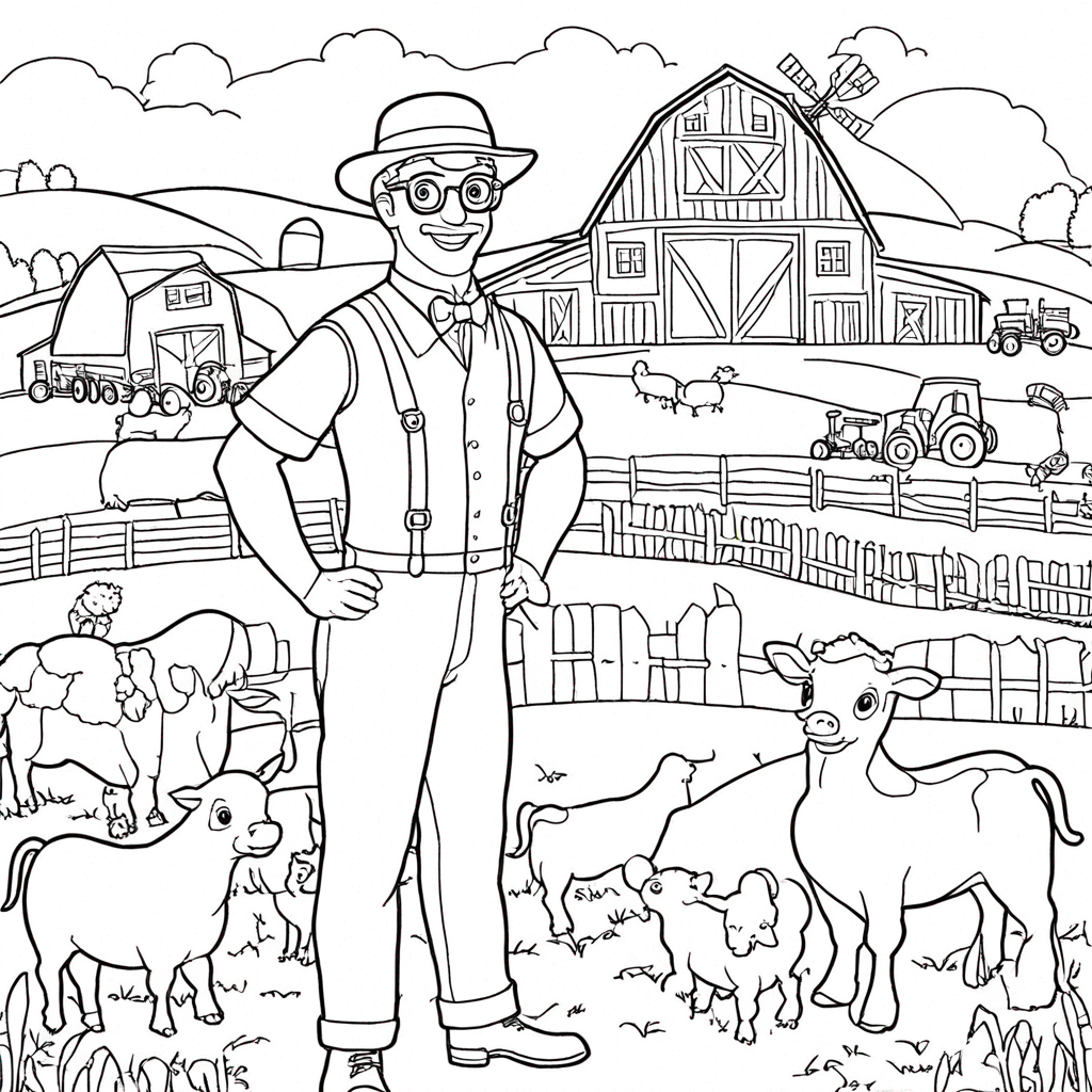 Blippi Na Fazenda Com Celeiro E Animais coloring page from "Blippi" theme - free printable line art for kids and adults