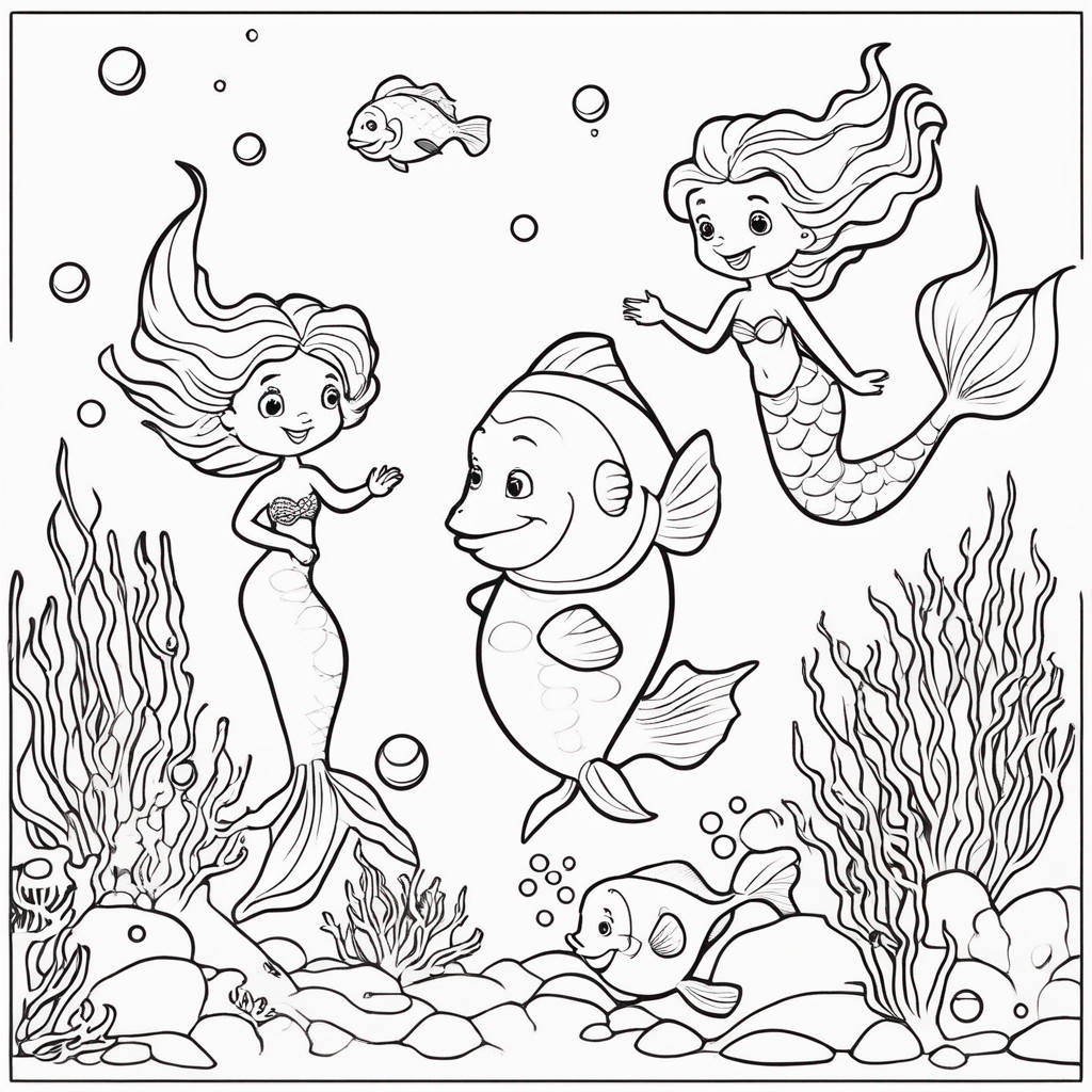 "Bluey Swimming with Mermaids" coloring page from bluey theme - free printable line art for kids and adults