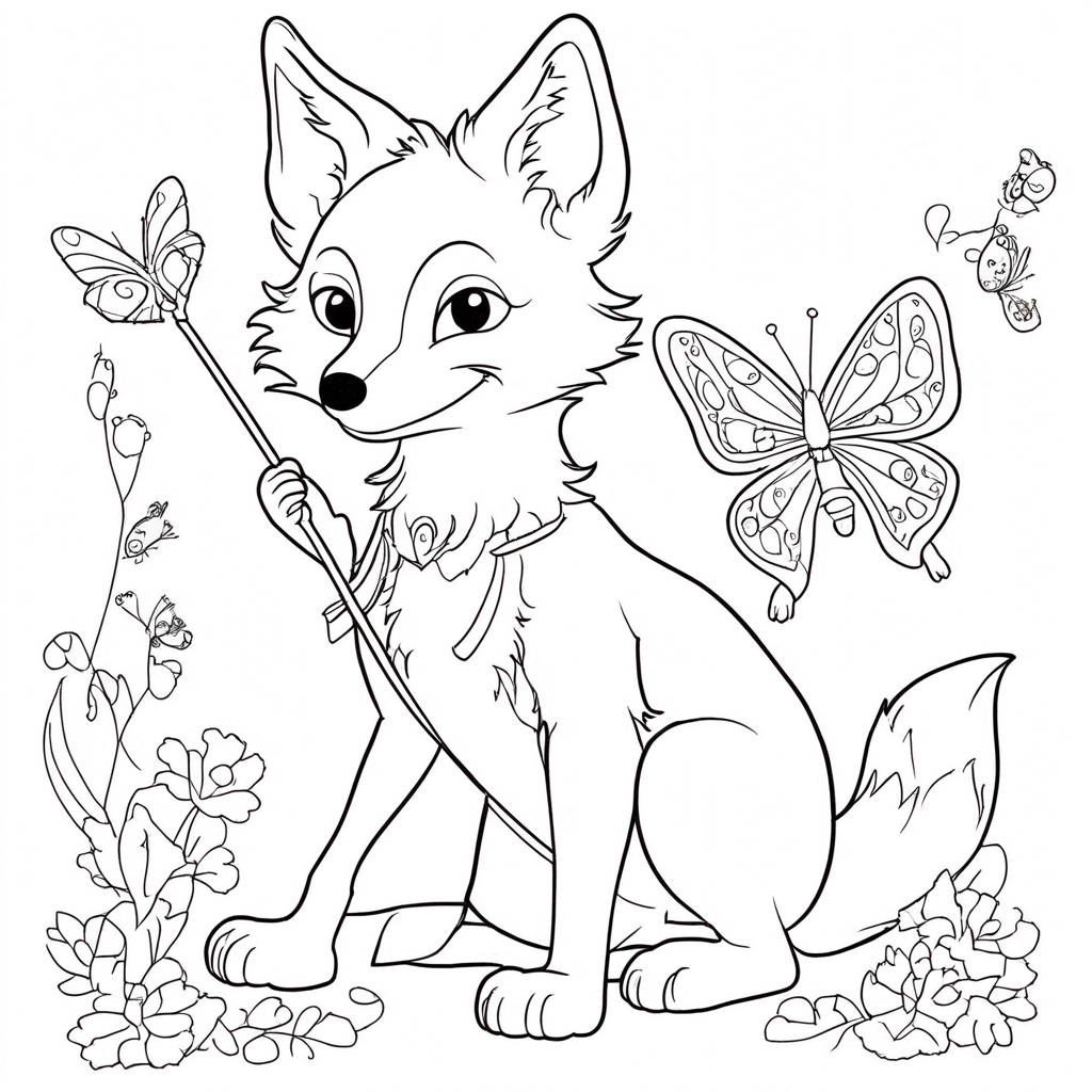 "Curious Fox Capturing Peacock Butterfly" coloring page from butterfly theme - free printable line art for kids and adults