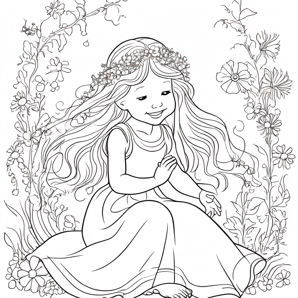 Whimsical Girl Befriends Enchanted Butterfly coloring page from butterfly theme - free printable line art for kids and adults