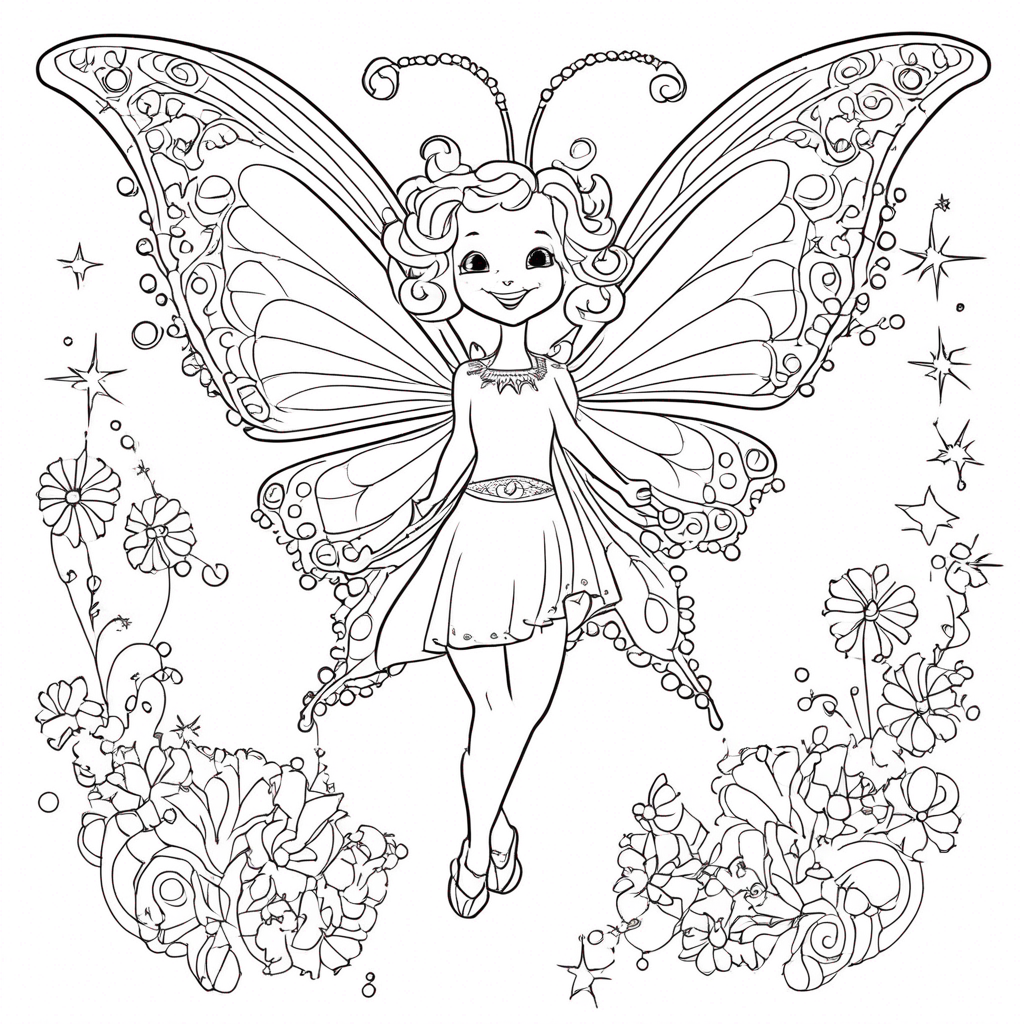 "Joyful Butterfly in Starlight Garden" coloring page from butterfly theme - free printable line art for kids and adults