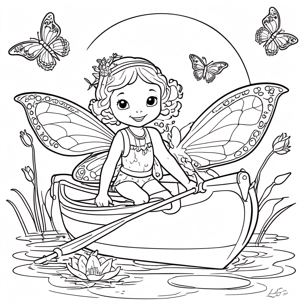 butterfly Steers Lily Pad Ferry" coloring page from butterfly theme - free printable line art for kids and adults