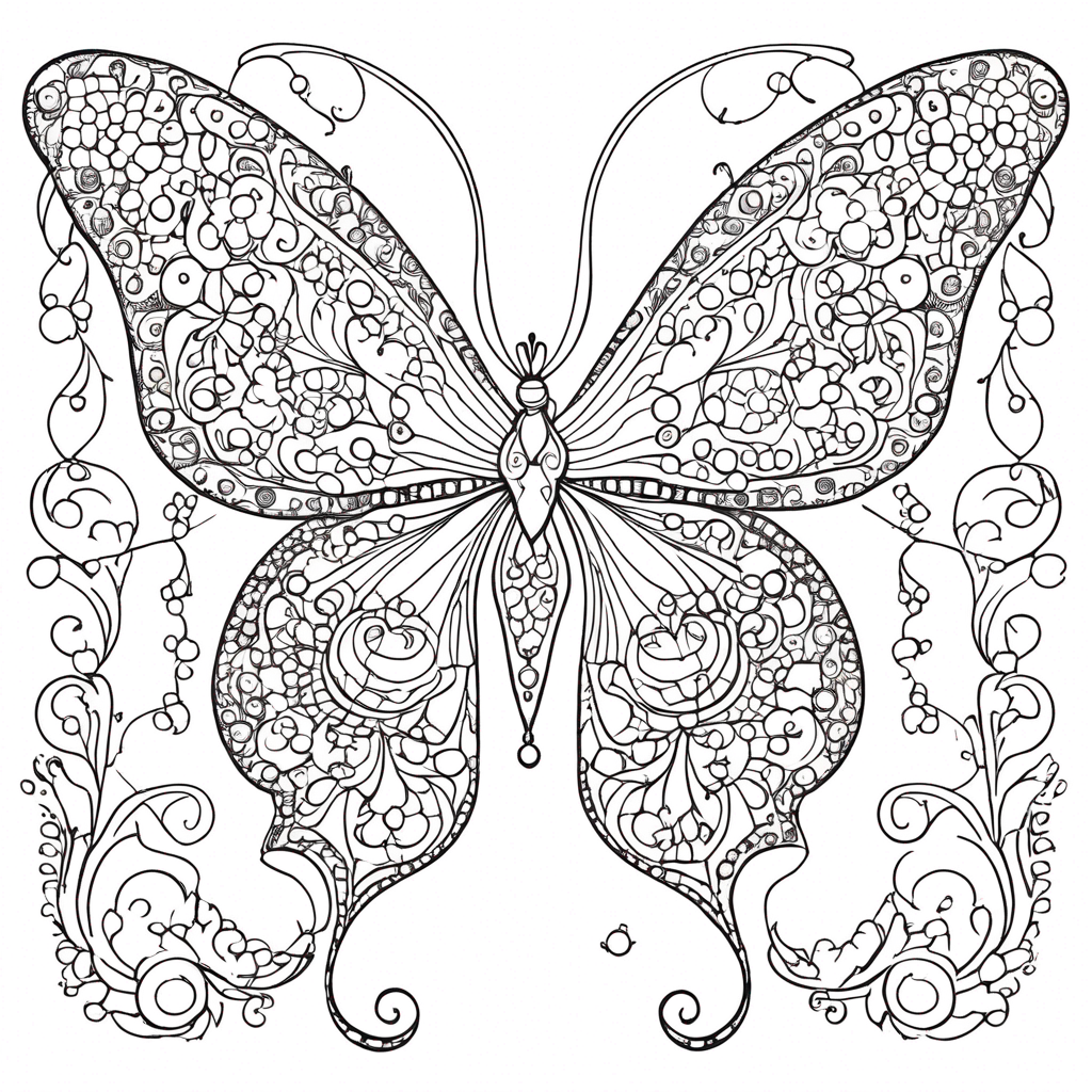 "Fluttering Butterfly Crowned in Dewdrops" coloring page from butterfly theme - free printable line art for kids and adults