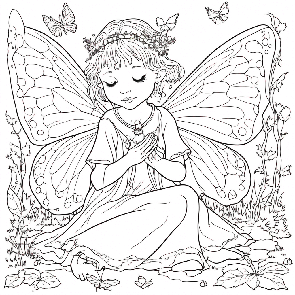 "Whimsical Butterfly Fairy in Garden" coloring page from butterfly theme - free printable line art for kids and adults