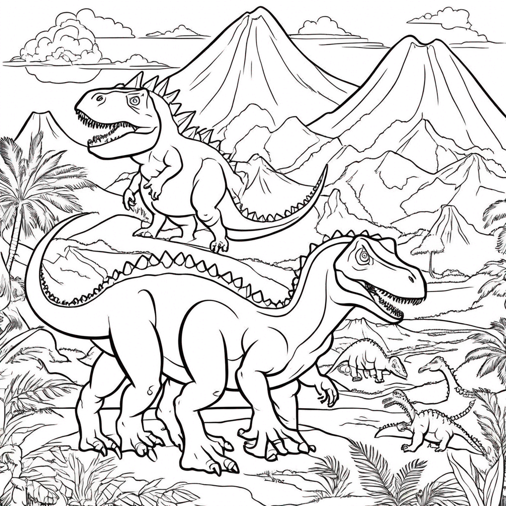 Dinos Roaring by Volcano coloring page from dinosaur theme - free printable line art for kids and adults