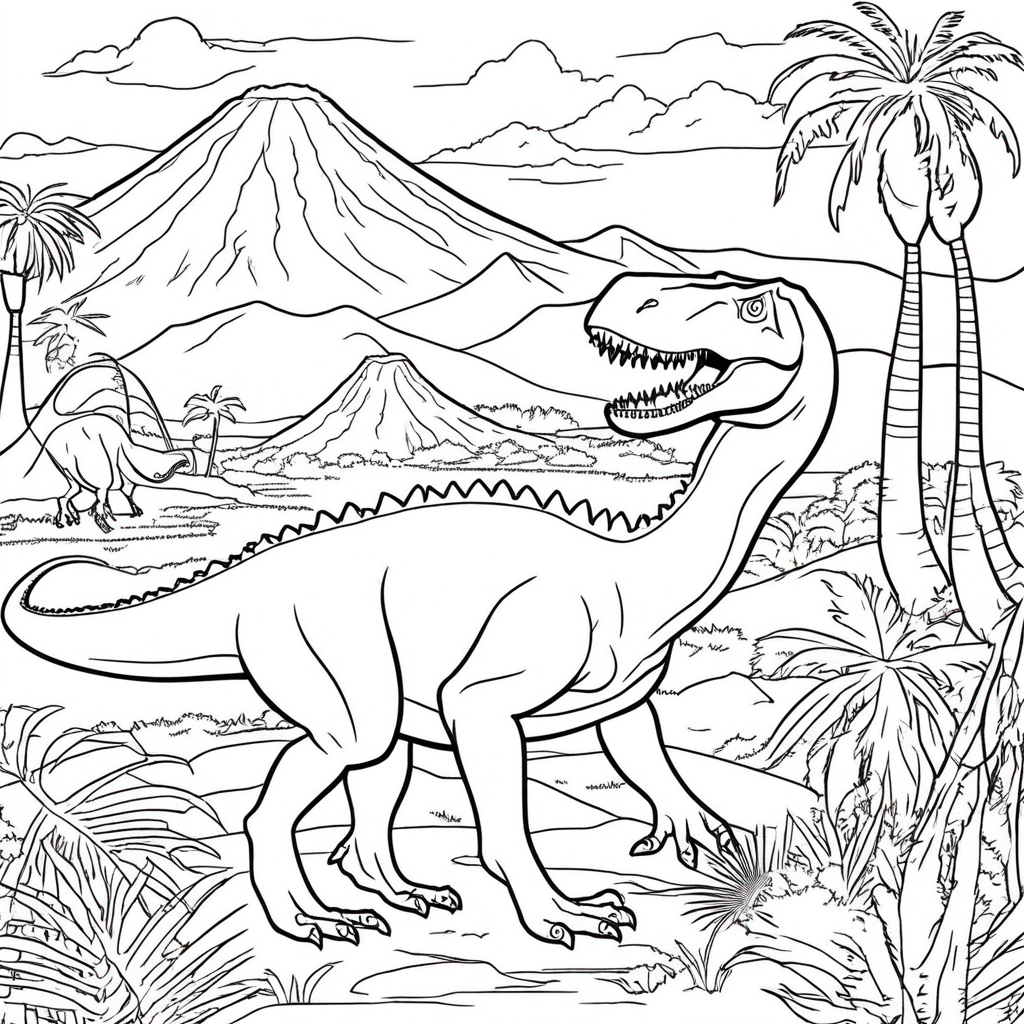 "Dinosaur Roaring by Volcano" coloring page from dinosaur theme - free printable line art for kids and adults