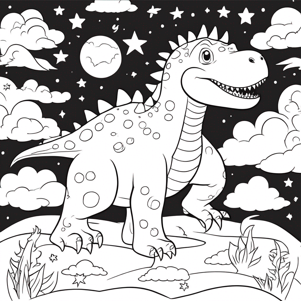 Dreaming Dinosaur Twirling Among Stars coloring page from dinosaur theme - free printable line art for kids and adults