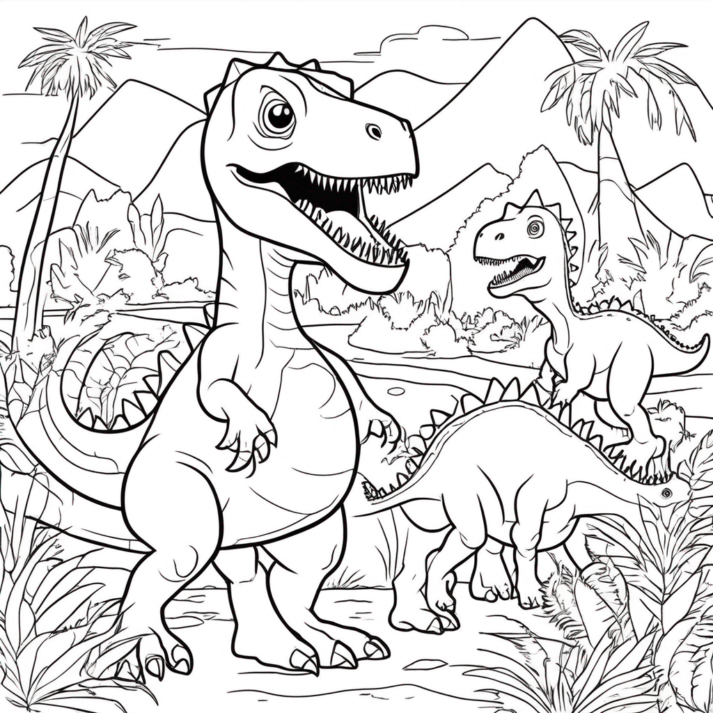 "Dinosaur Roaring with Jungle Friends" coloring page from dinosaur theme - free printable line art for kids and adults