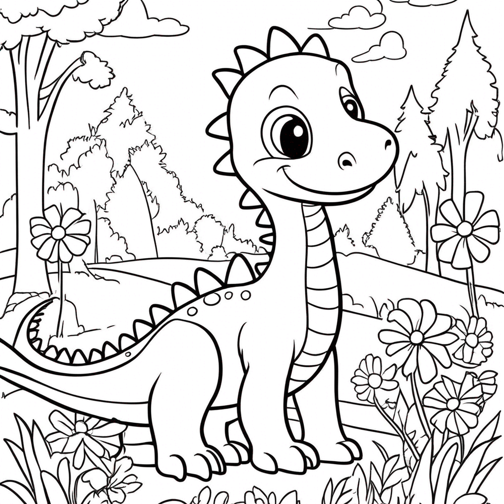 "Dinosaur Roaming Among Flowers" coloring page from dinosaur theme - free printable line art for kids and adults