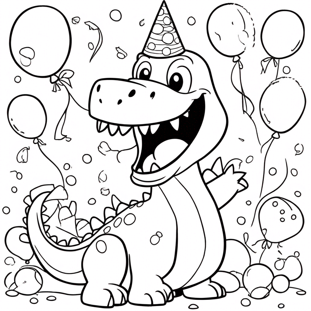 "Dinosaur Balloon Party Celebration" coloring page from dinosaur theme - free printable line art for kids and adults