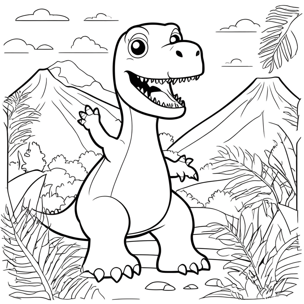 "Dinosaur Roaring in Volcano Cave" coloring page from dinosaur theme - free printable line art for kids and adults