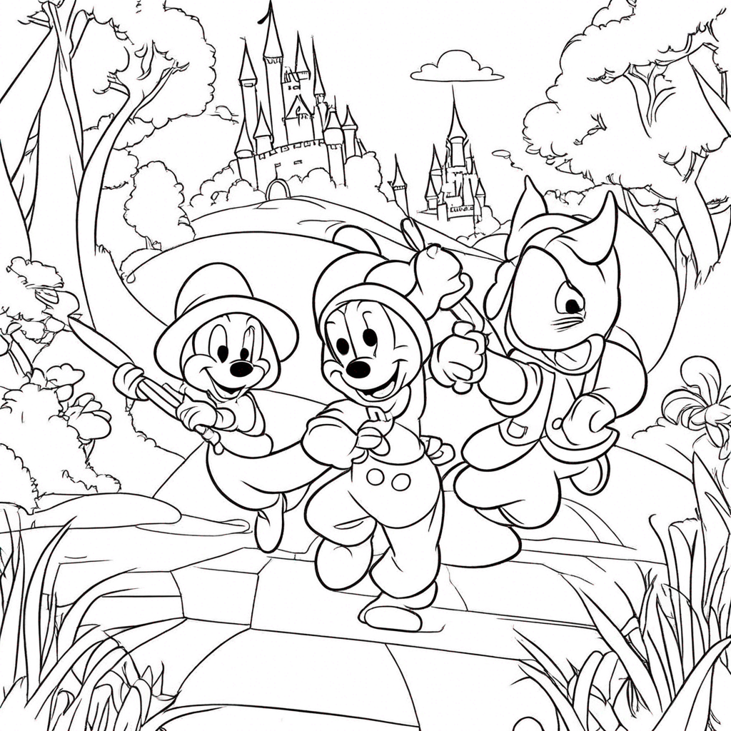Mickey Mouse Exploring Enchanted Forest coloring page from Disney theme - free printable line art for kids and adults