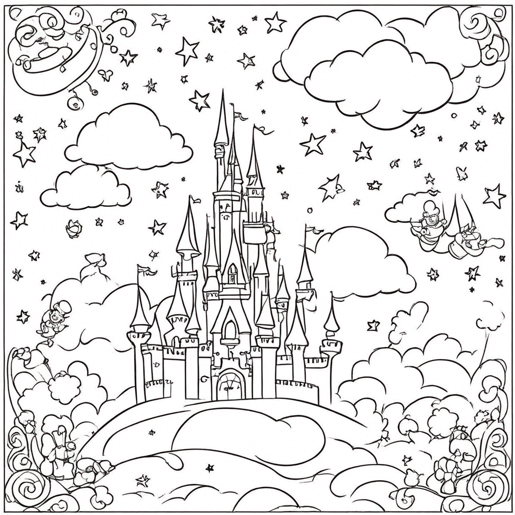 Mickey Mouse Flying Among Stars coloring page from Disney theme - free printable line art for kids and adults