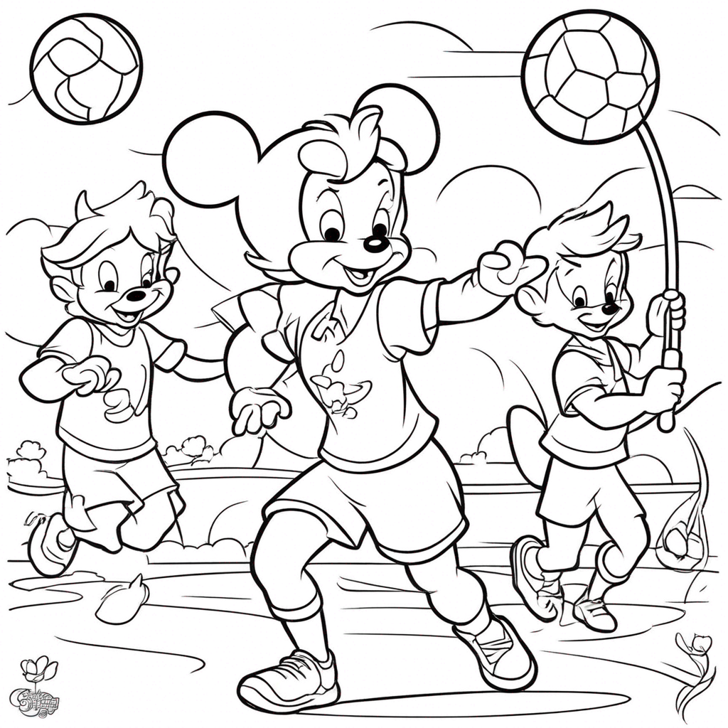 Mickey Mouse Playing Soccer Game coloring page from Disney theme - free printable line art for kids and adults
