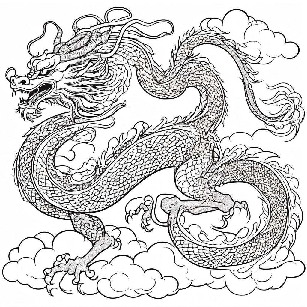 Dragon Soaring in Cloudy Sky coloring page from dragon theme - free printable line art for kids and adults