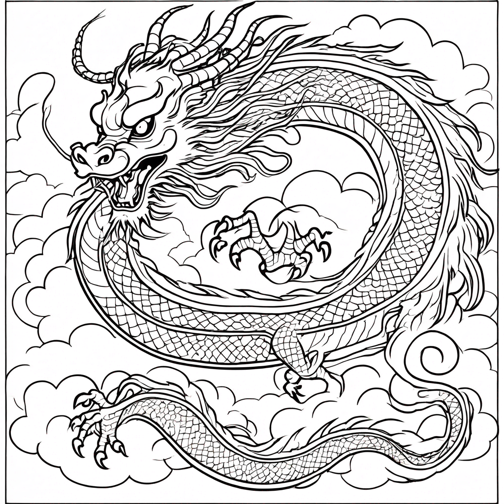 "Dragon Soaring Through Mystical Skies" coloring page from dragon theme - free printable line art for kids and adults