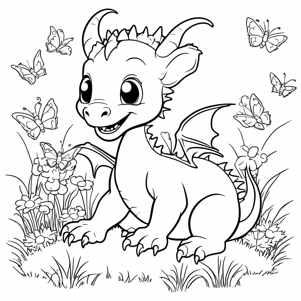 Baby Dragon Chasing Butterflies Joyfully. coloring page from dragon theme - free printable line art for kids and adults