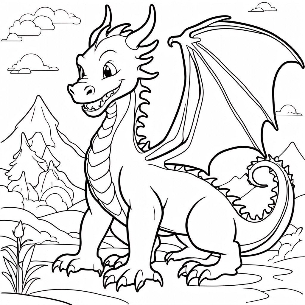 Dragon Flying Over Mountains coloring page from dragon theme - free printable line art for kids and adults