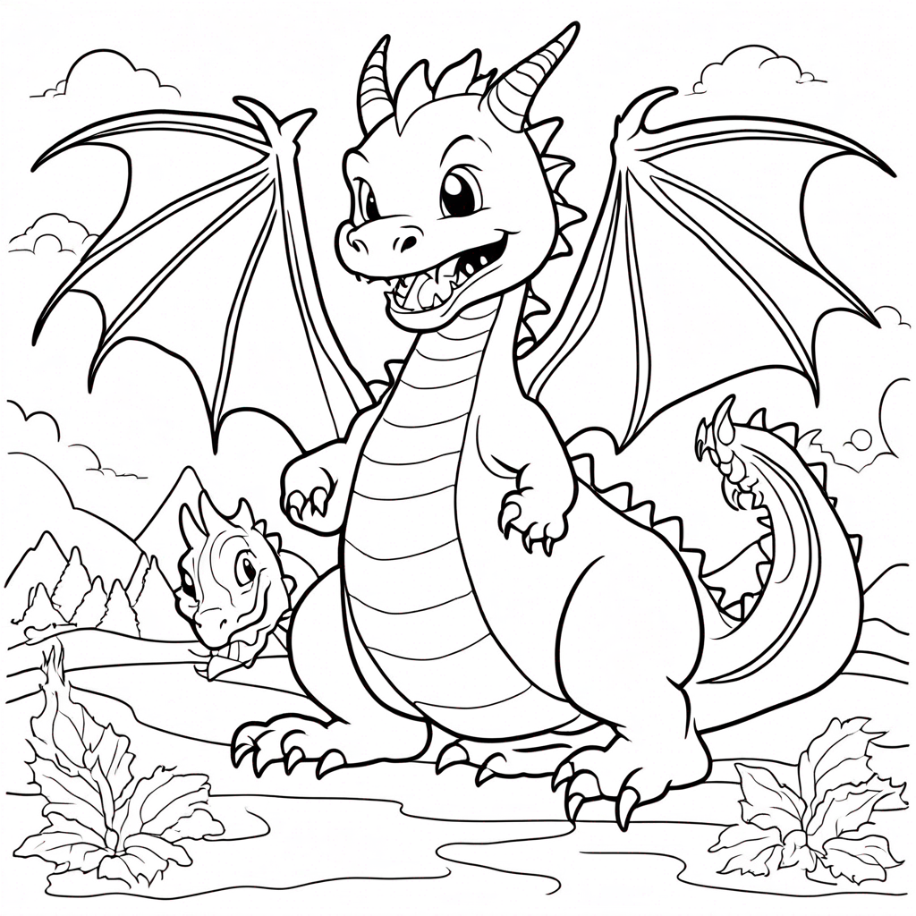 Dragon Exploring Hidden Treasure coloring page from dragon theme - free printable line art for kids and adults