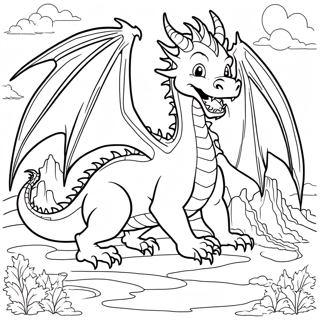 Dragon Soaring Above Castle Towers coloring page from dragon theme - free printable line art for kids and adults