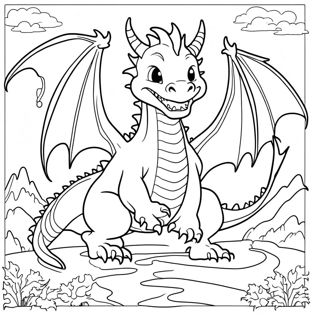 Dragon Flying in Magical Forest coloring page from dragon theme - free printable line art for kids and adults