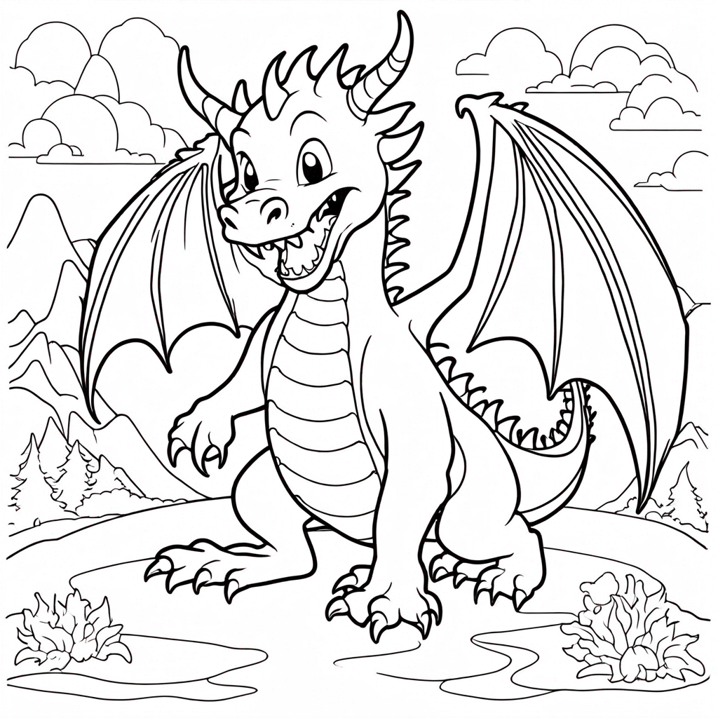 Dragon Swinging in Enchanted Forest coloring page from dragon theme - free printable line art for kids and adults