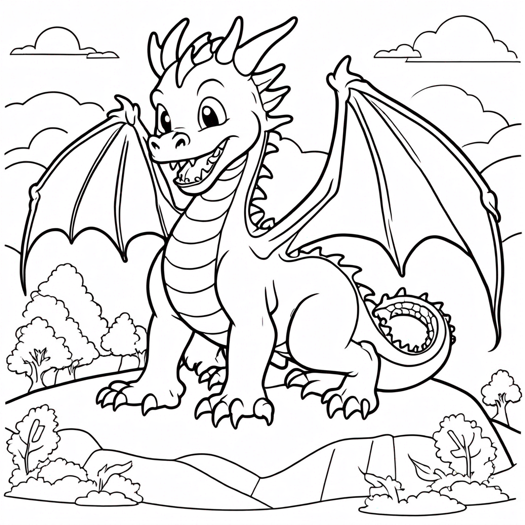 Dragon Exploring Enchanted Forest coloring page from dragon theme - free printable line art for kids and adults