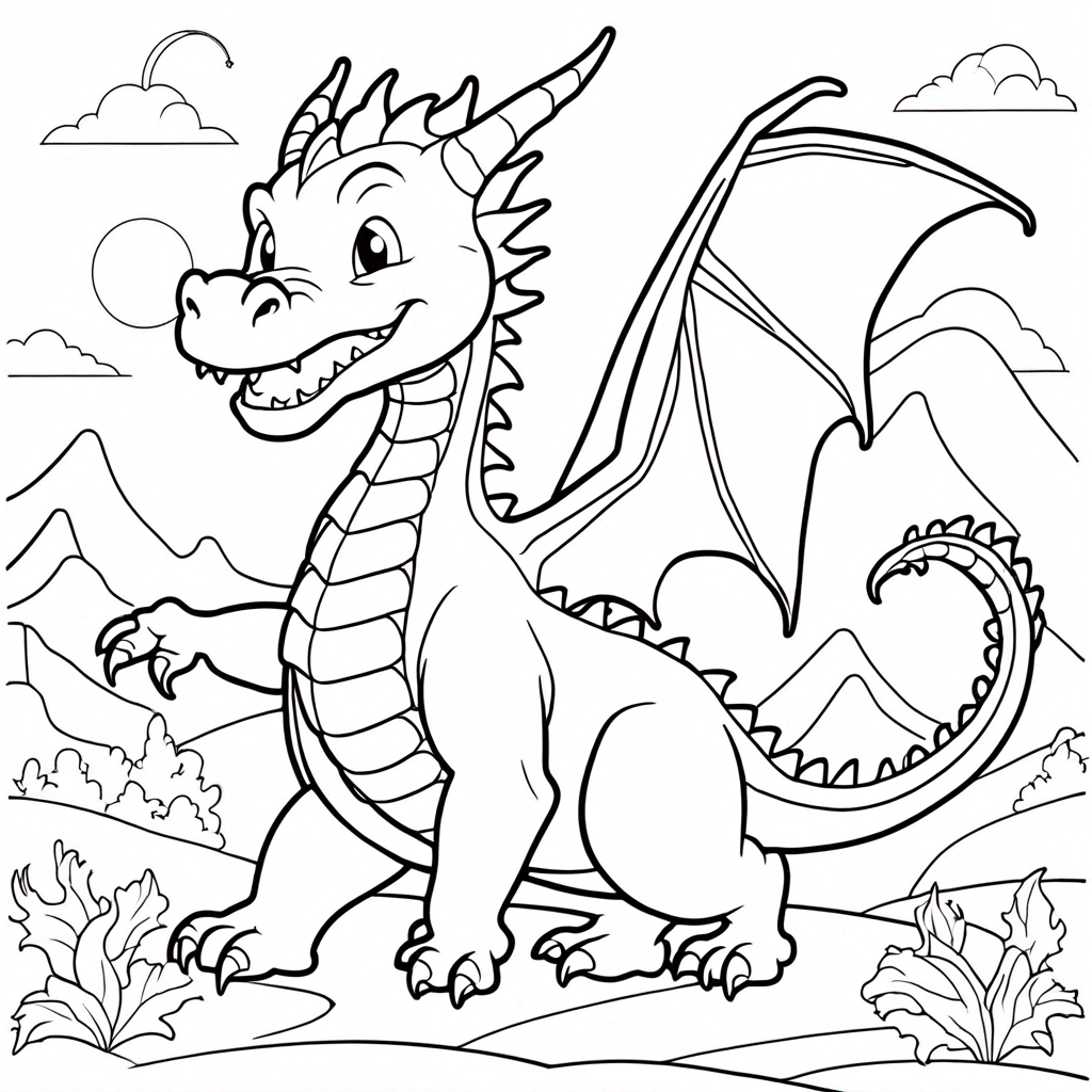 Dragon Exploring Magical Forest coloring page from dragon theme - free printable line art for kids and adults