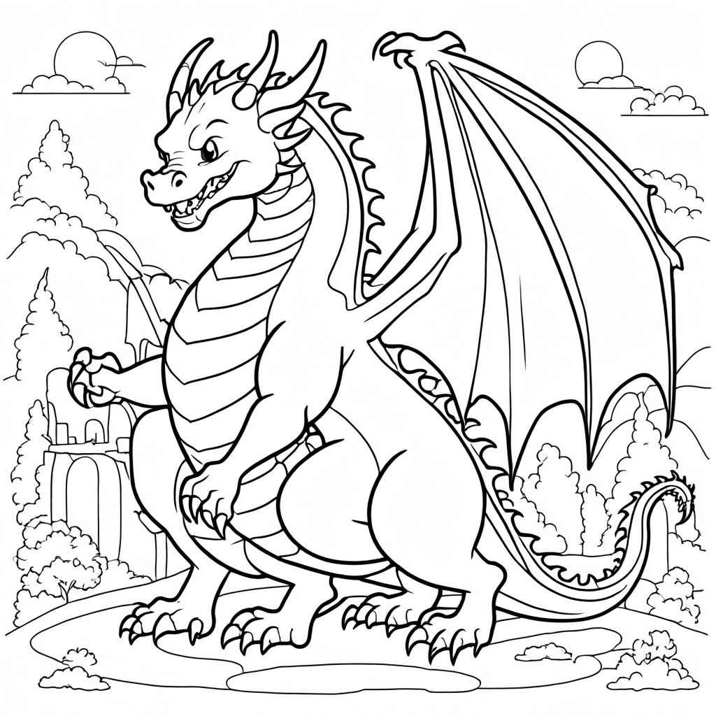 Dragon Exploring Enchanted Forest. coloring page from dragon theme - free printable line art for kids and adults