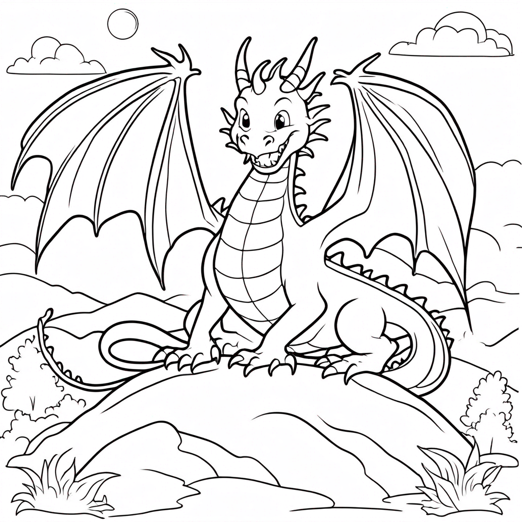 Dragon Exploring Enchanted Forest coloring page from dragon theme - free printable line art for kids and adults
